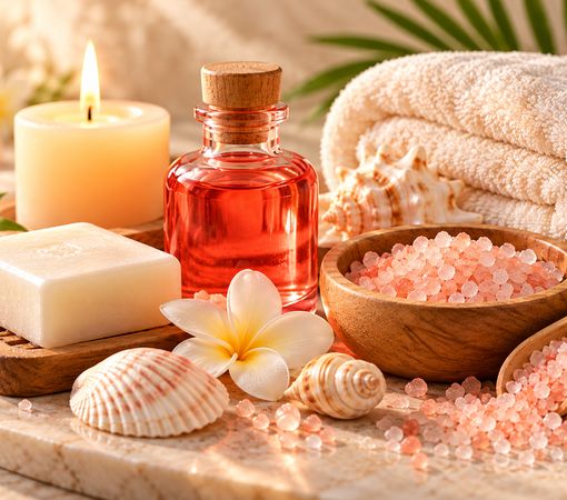 Soap, oil and pink salts arranged on a tray