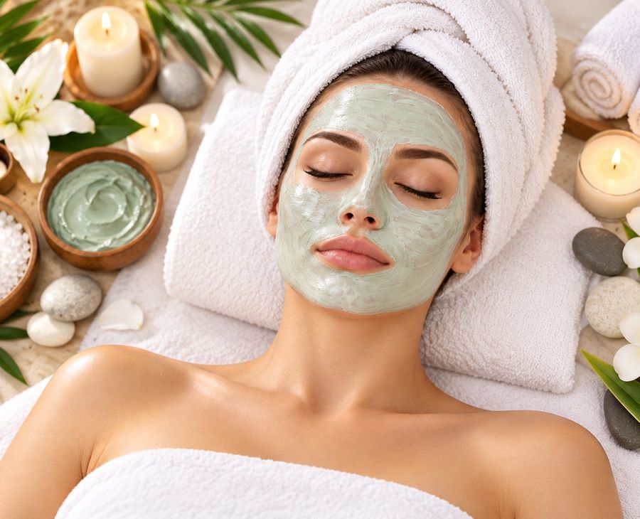 A client relaxing under a clay face mask with a towel wrapped around her hair