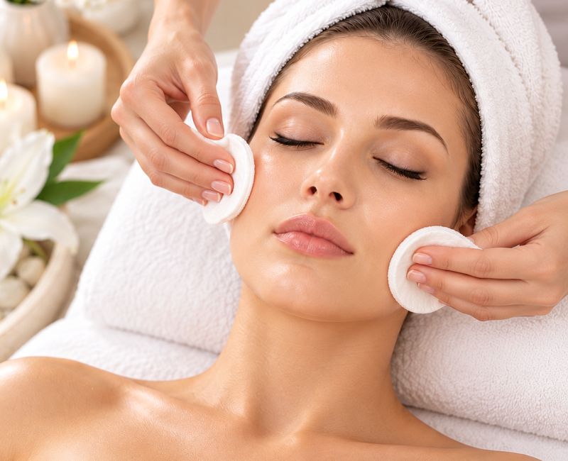 A therapist cleansing a client's face with cotton pads
