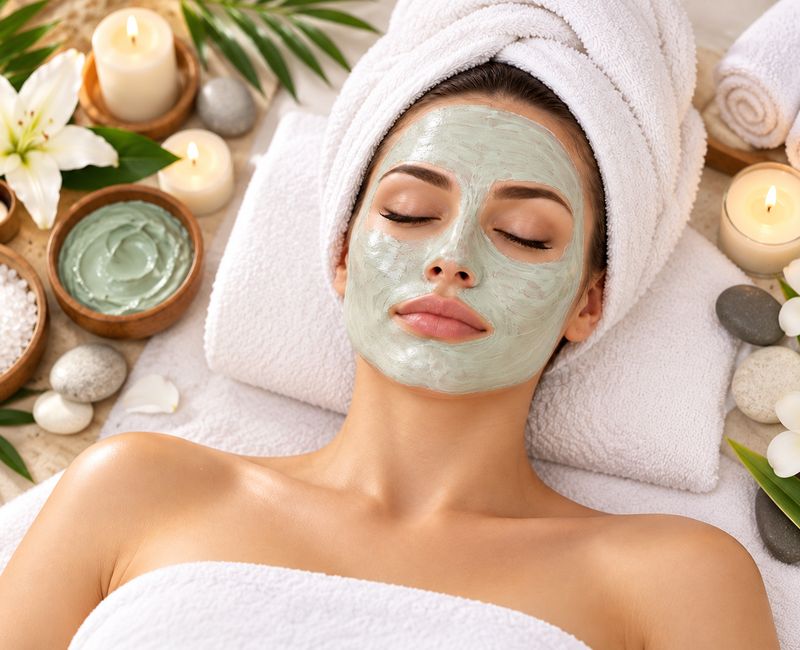 A client relaxing under a clay mask, surrounded by candles